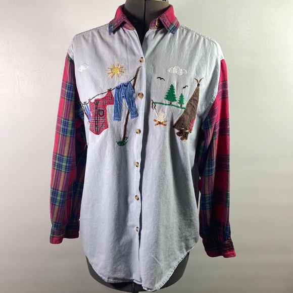 Casey & Max Tops - Casey & Max Top Women Size M Embroidered Top w Flannel Sleeves & Collar